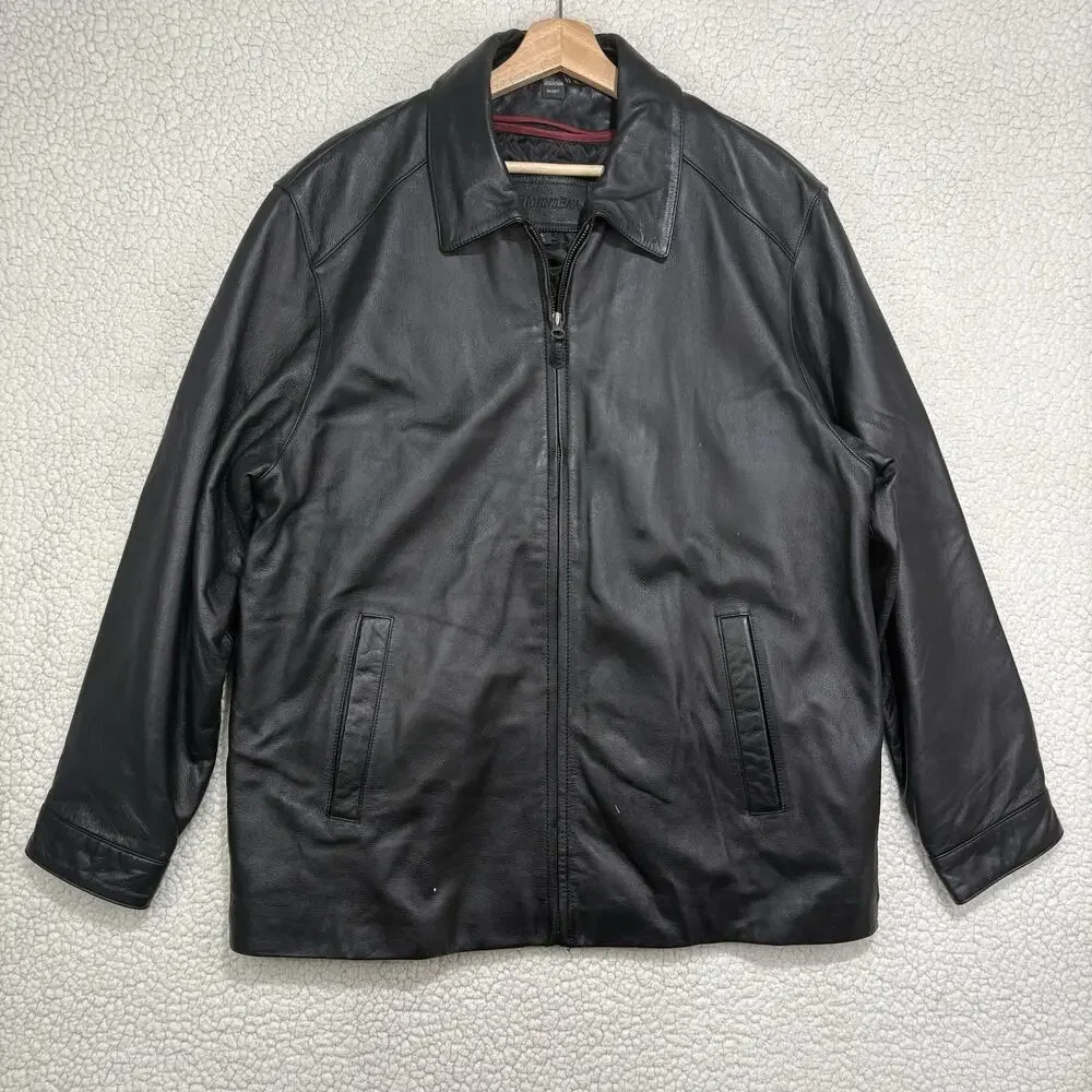 VTG St. John's Bay Genuine Leather Jacket‎ Mens Large Black Bomber Quilted Lined